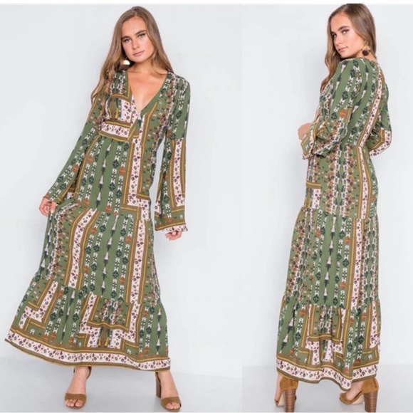 Altar'd State Dresses & Skirts - Altar’d State  Maxi Dress Olive‎ Floral Boho Long Sleeve